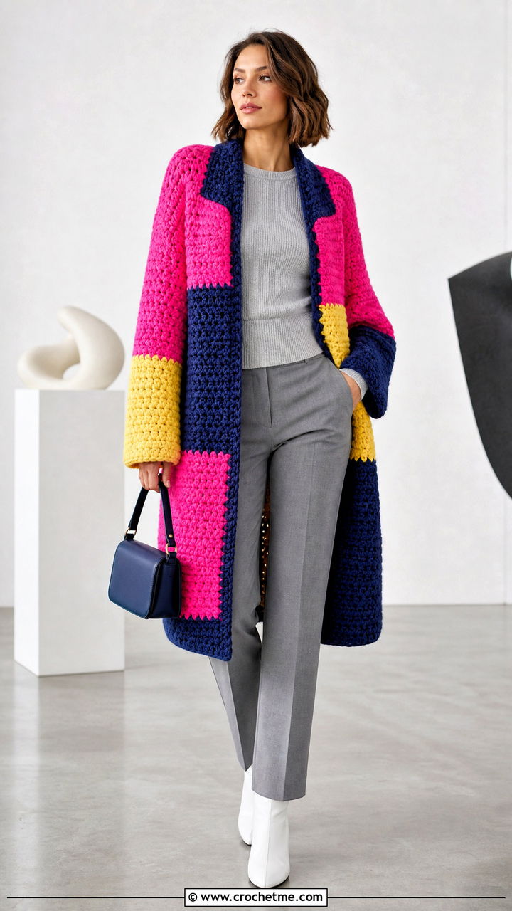 Color Block Crochet Coat With Neutral Separates - 35 crochet coats outfit ideas