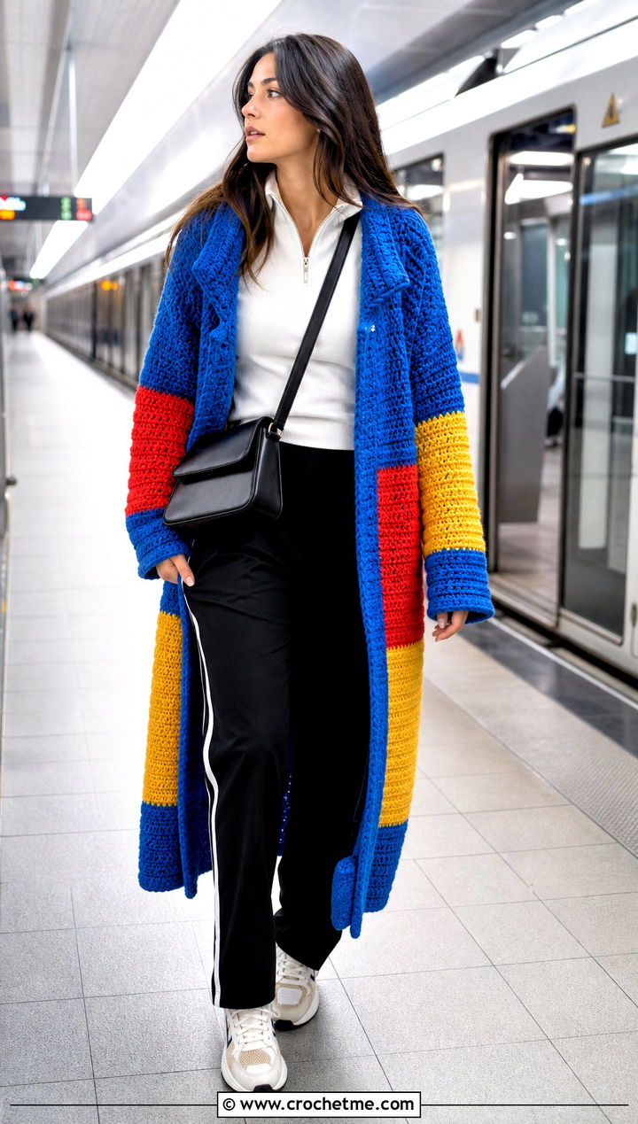 Color Block Crochet Coat With Track Pants - 30 women crochet coat outfit ideas