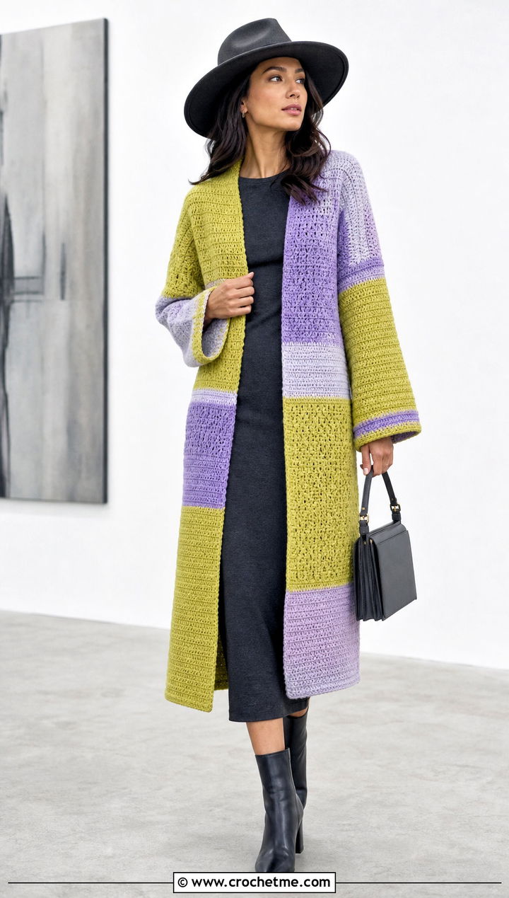 Color Block Crochet Coatigan With Wool Hat and Column Dress - 15 Crochet Cardigan With Hat outfit ideas