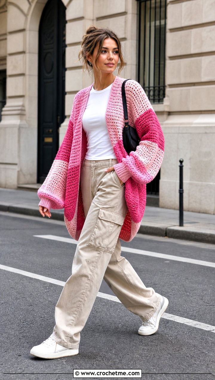 Color Block Crochet Cocoon Cardigan With Cargo Pants - 15 Easy Crochet Cocoon Cardigan outfit ideas