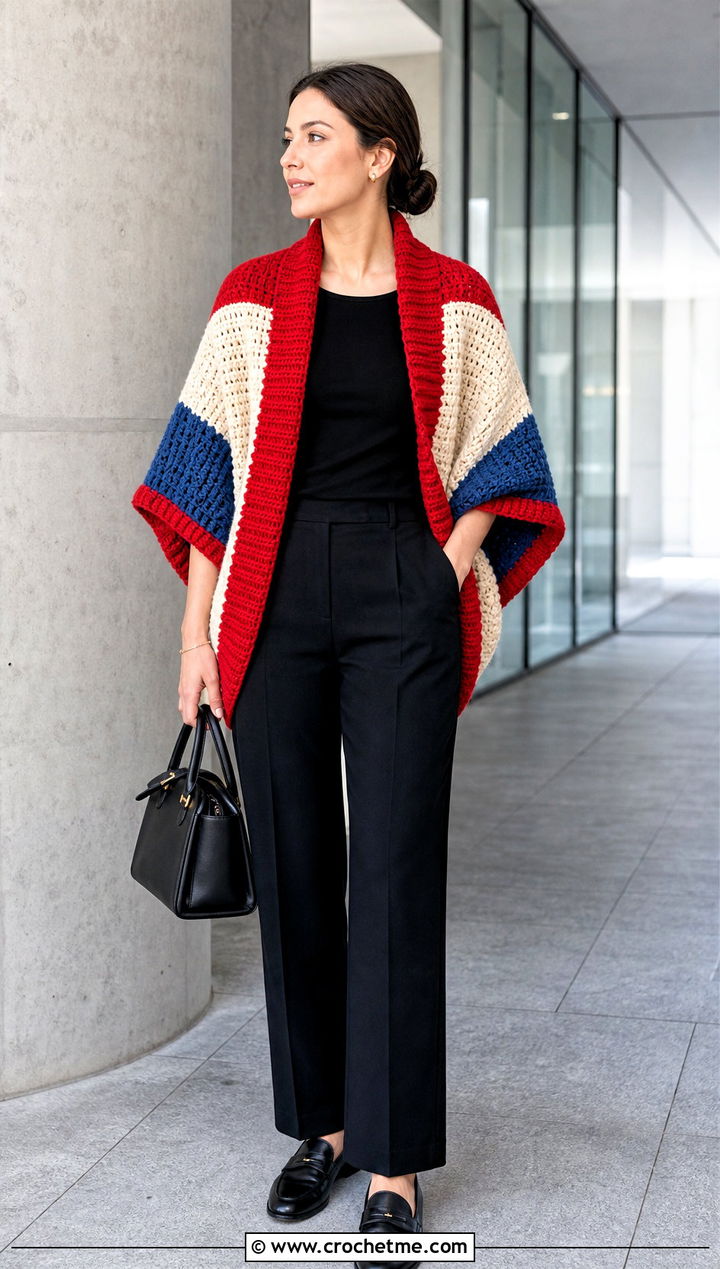 Color Block Crochet Cocoon Shrug With Monochrome Basics - 30 crochet cocoon shrug outfit ideas