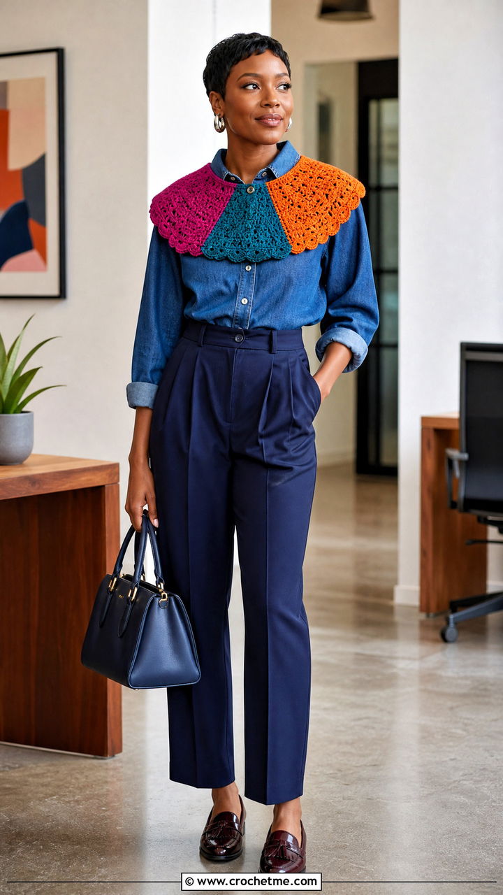 Color Block Crochet Collar With Denim Shirt And Trousers - 35 crochet collars outfit ideas