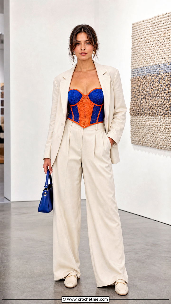 Color Block Crochet Corset With A Monochrome Suit - 35 crochet corset outfit ideas