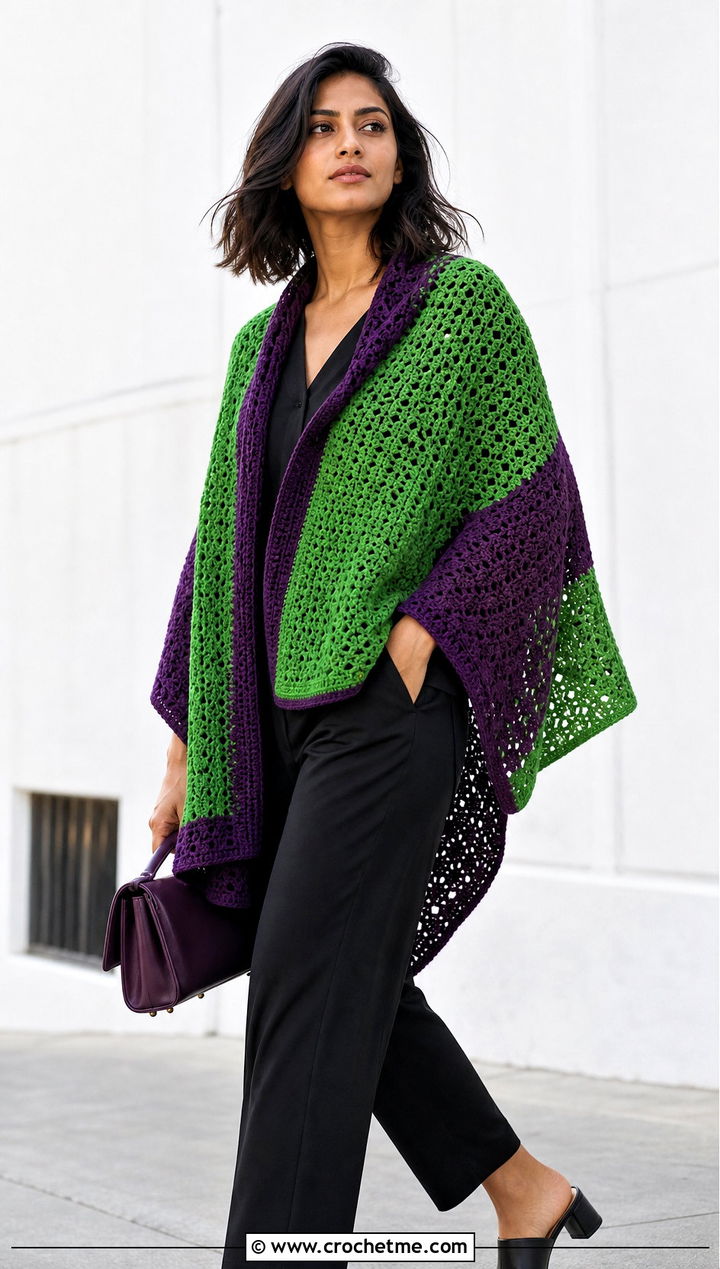Color Block Crochet Cotton Shawl With Monochrome Basics - 15 Crochet Cotton Shawl outfit ideas