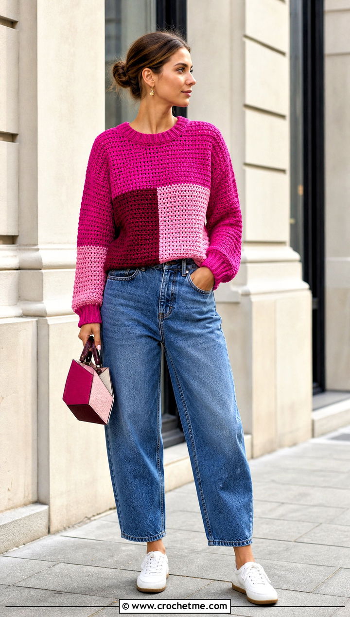 Color Block Crochet Cotton Sweater With Barrel Jeans - 25 Crochet Cotton Sweater outfit ideas