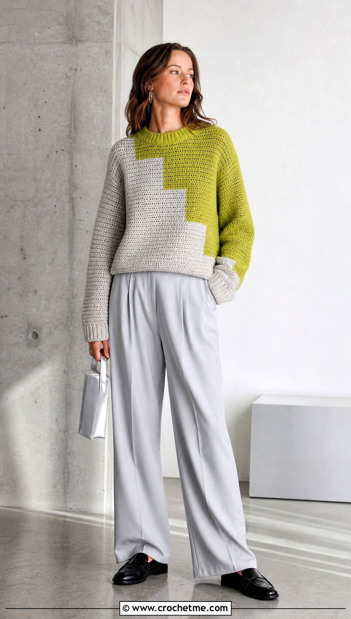Color Block Crochet Couch Sweater With Pleated Pants - 15 Crochet Couch Sweater outfit ideas