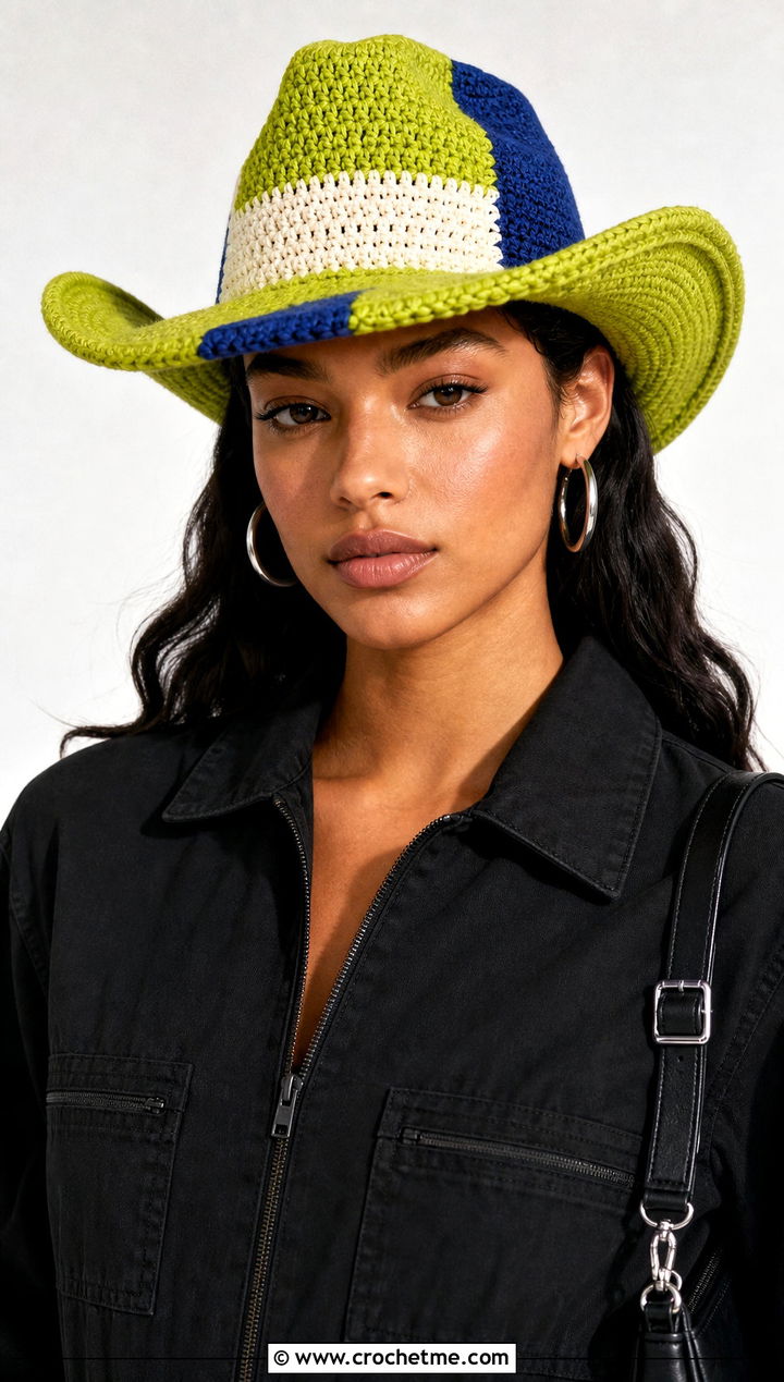 Color Block Crochet Cowboy Hat With Black Jumpsuit - 25 crochet cowboy outfit ideas