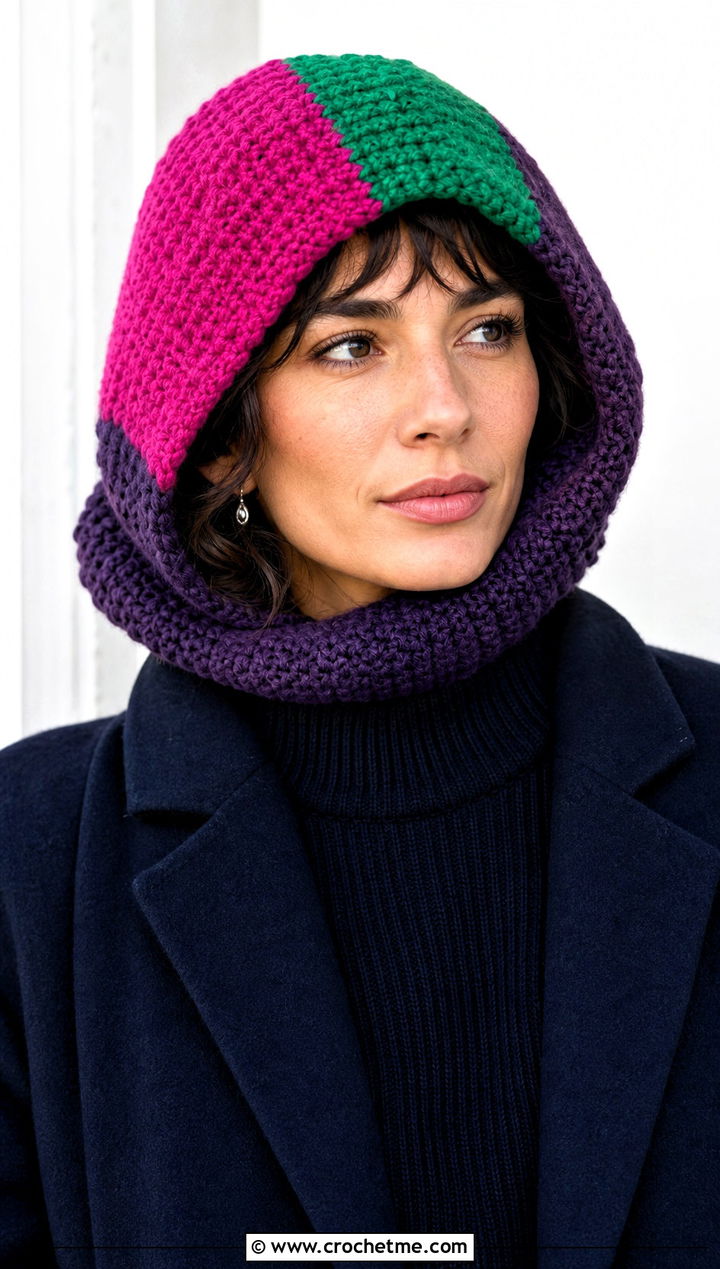 Color Block Crochet Cowl Hat With Monochrome Outfit - 25 crochet cowl hat outfit ideas