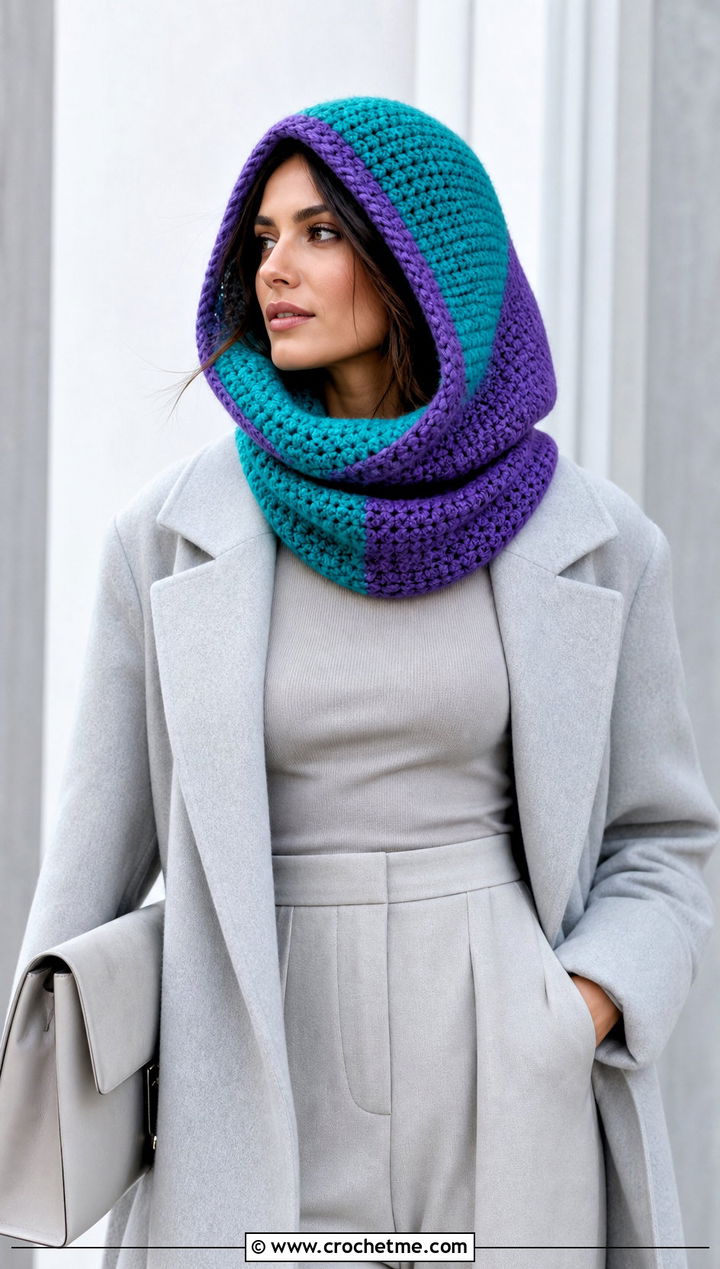 Color Block Crochet Cowl Hood With Monochrome Outfit - 25 crochet cowl hood outfit ideas