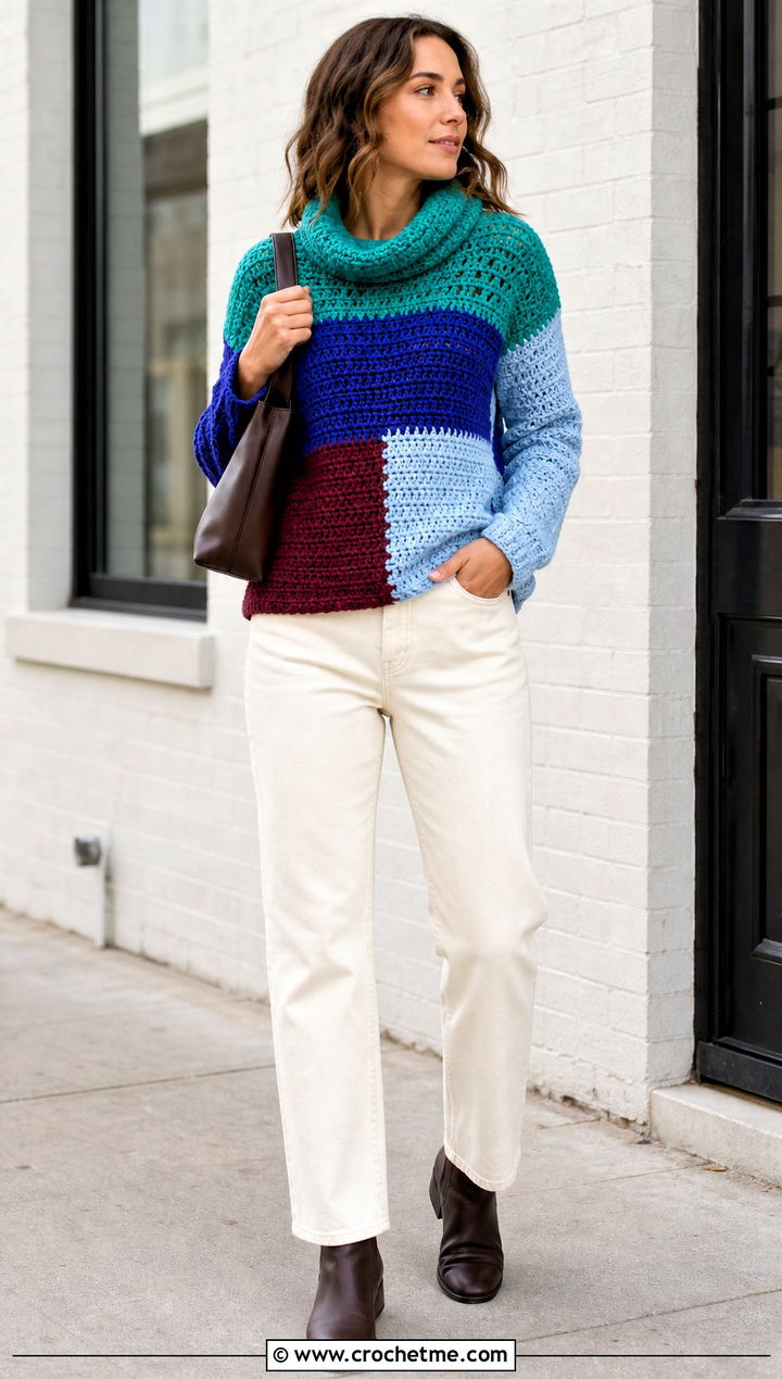 Color Block Crochet Cowl Neck Sweater With White Jeans - 25 Crochet Cowl Neck Sweater outfit ideas