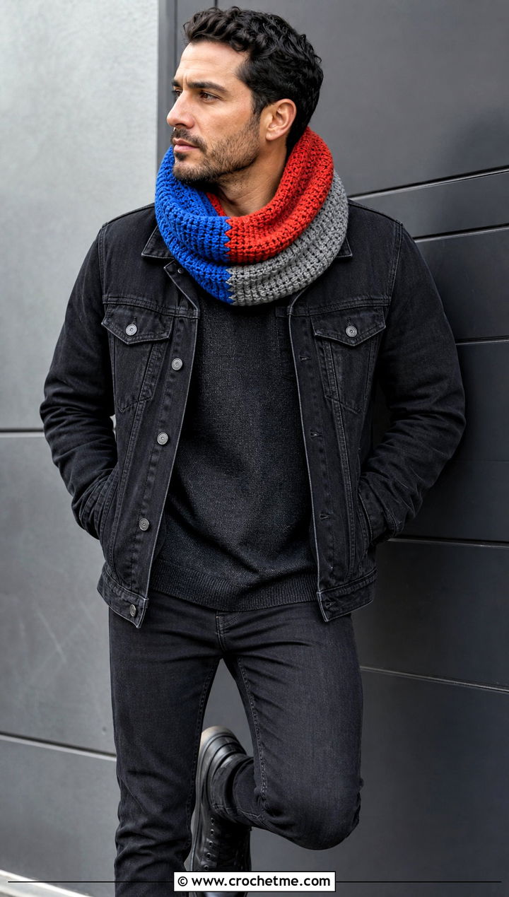 Color Block Crochet Cowl With Black Denim - 30 crochet cowl for men outfit ideas