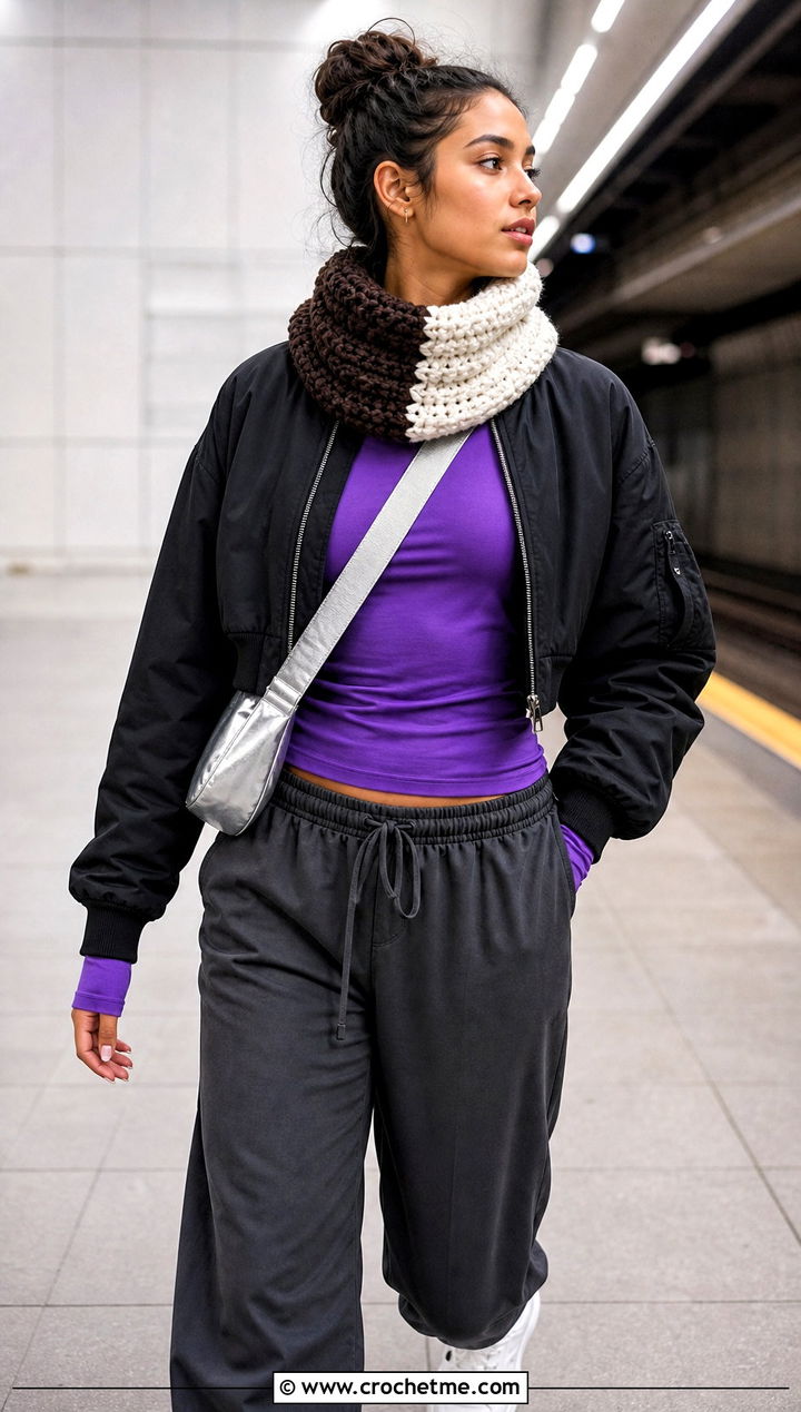 Color Block Crochet Cowl With Bomber Jacket And Track Pants - 15 brown and white crochet cowl outfit ideas