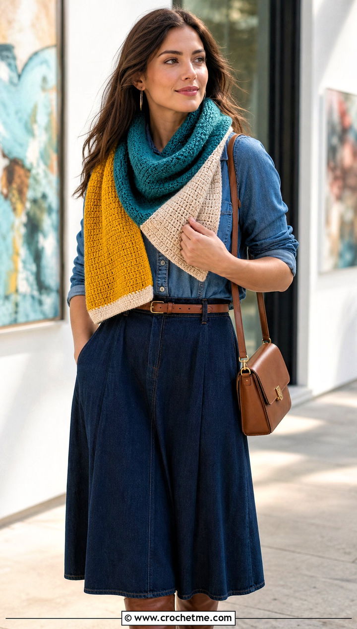 Color Block Crochet Cowl With Denim Shirt And Skirt - 25 cowl crochet scarf outfit ideas