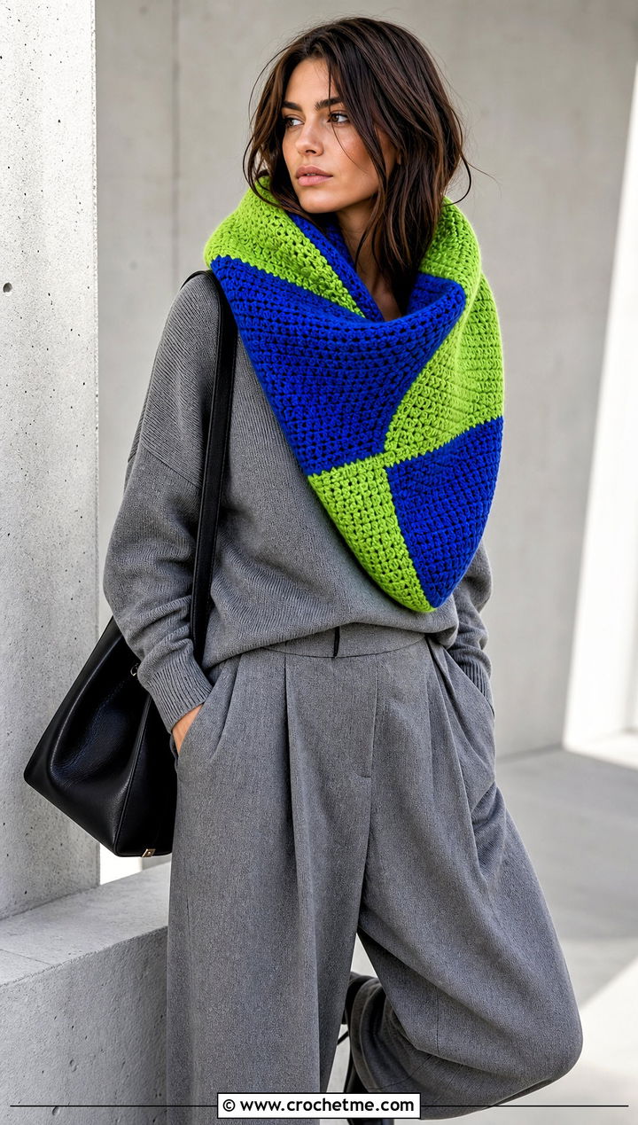 Color Block Crochet Cowl With Monochrome Outfit - 20 Simple Crochet Cowl outfit ideas