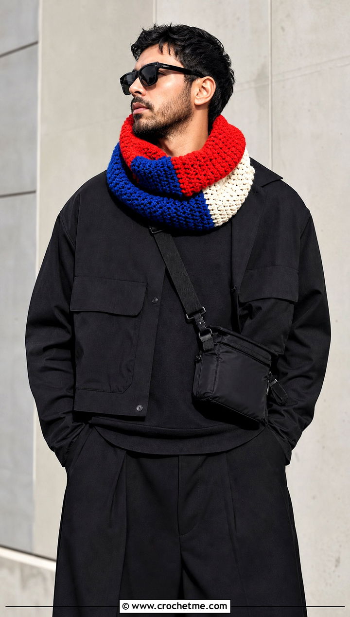 Color Block Crochet Cowl With Monochrome Streetwear - 25 Men Crochet Cowl outfit ideas