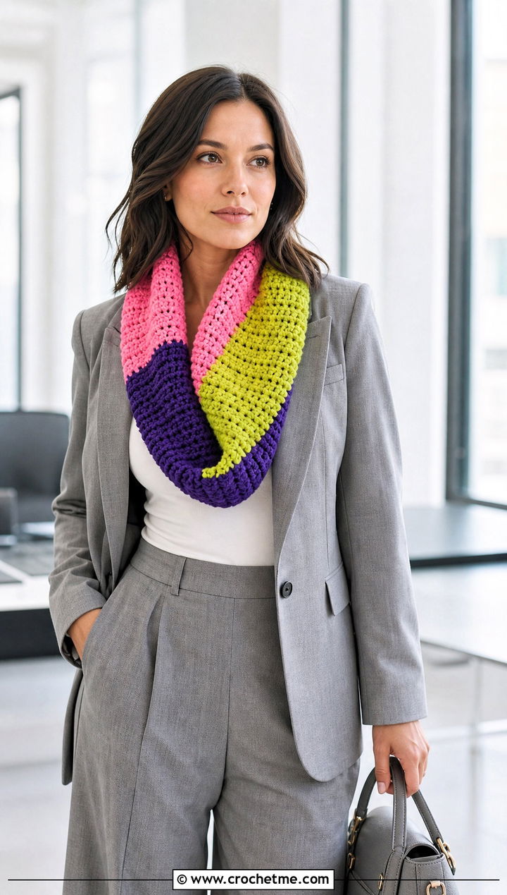 Color Block Crochet Cowl With Monochrome Suit - 35 crochet neck warmer cowls outfit ideas