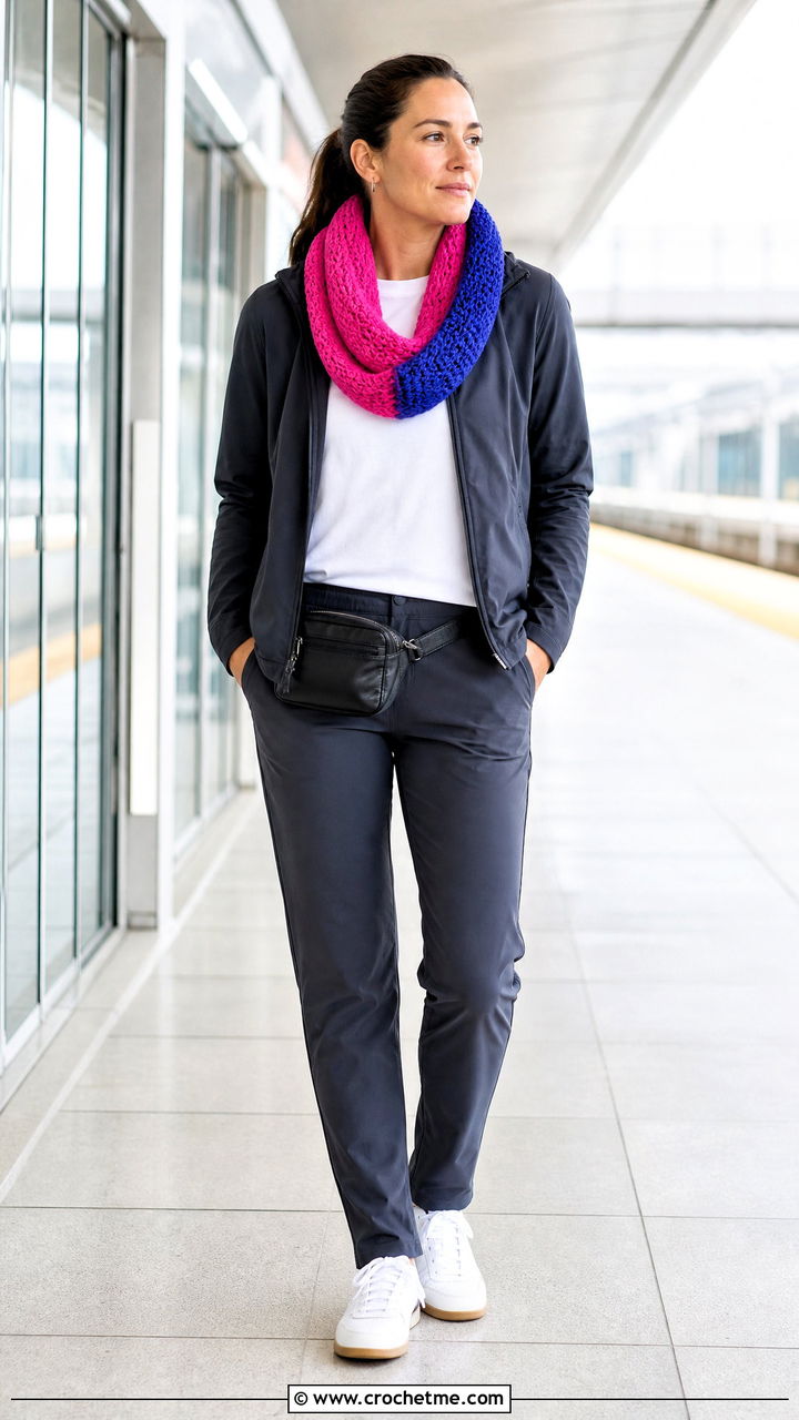 Color Block Crochet Cowl With Track Jacket - 35 crochet cowls outfit ideas
