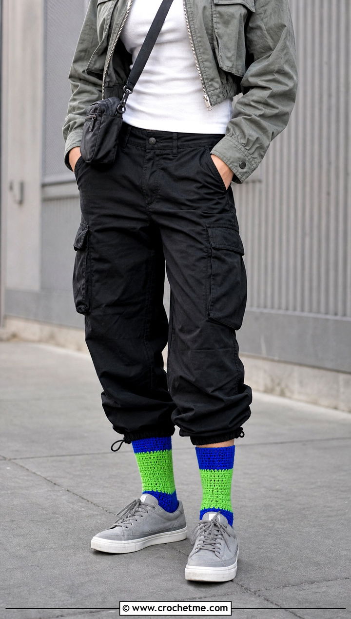 Color Block Crochet Crew Socks With Cargo Pants - 35 easy crocheted socks outfit ideas