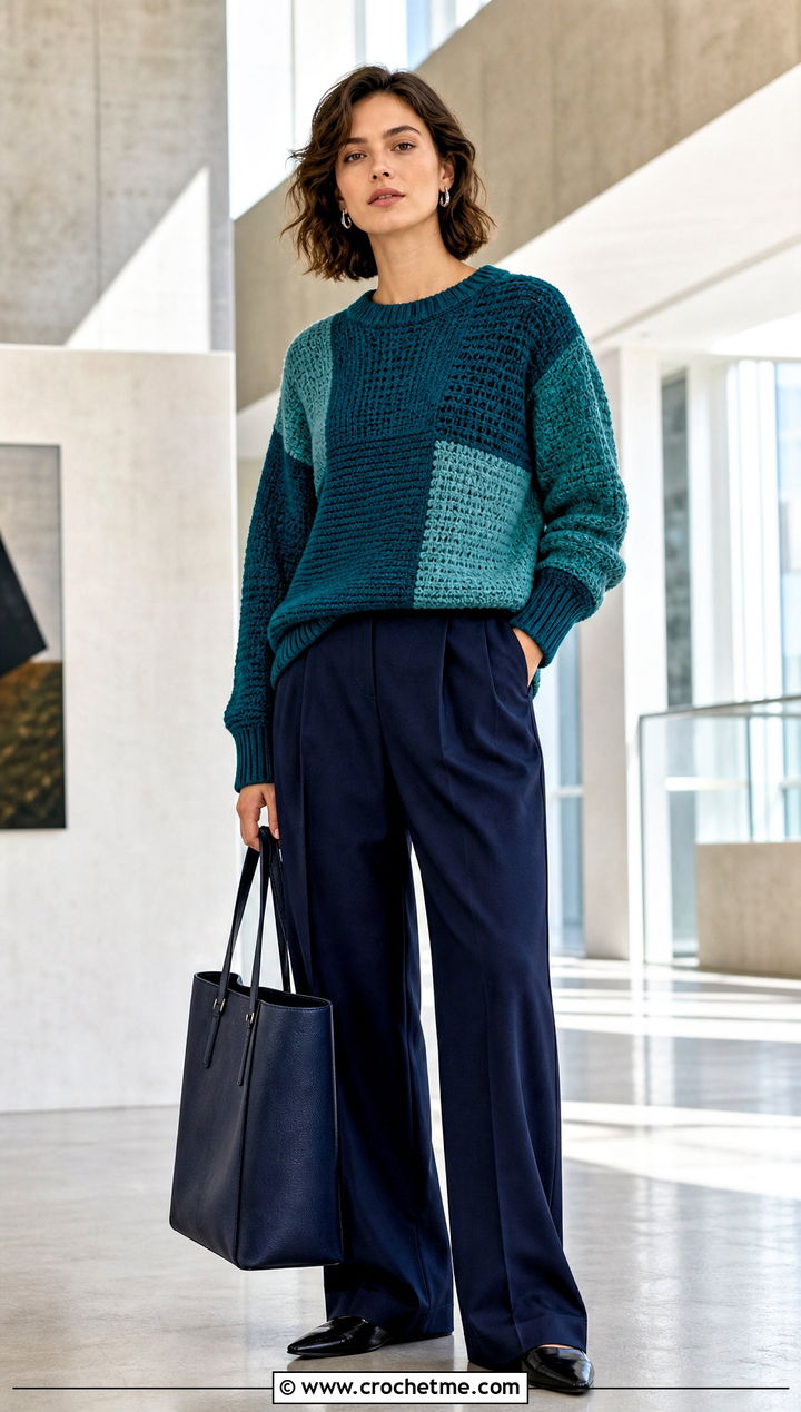 Color Block Crochet Crewneck Sweater With Pleated Trousers - 30 crochet crewneck sweater outfit ideas