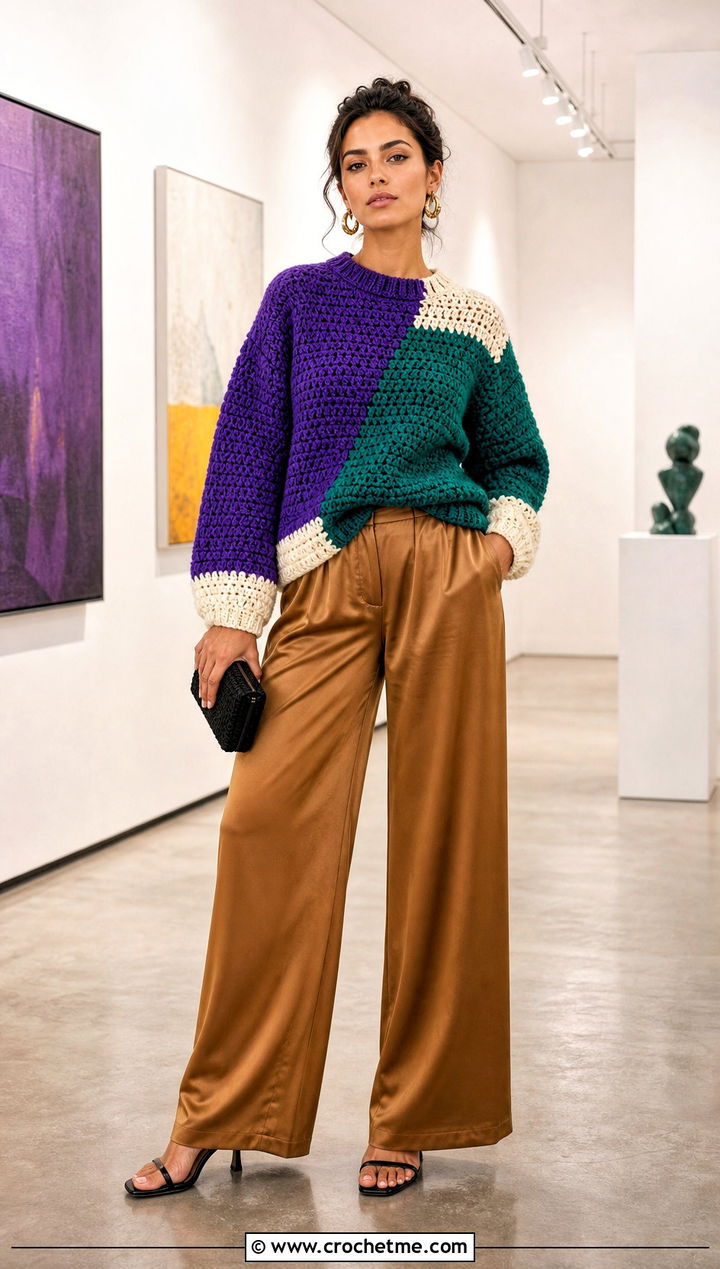 Color Block Crochet Crewneck With Satin Trousers - 30 bulky yarn crochet sweater outfit ideas
