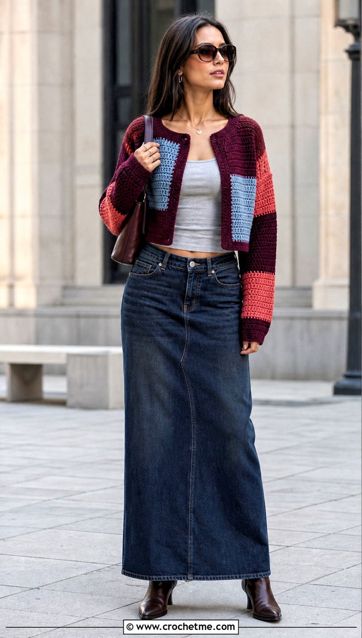 Color Block Crochet Crop Cardigan With Denim Maxi Skirt - 30 crochet crop cardigan outfit ideas