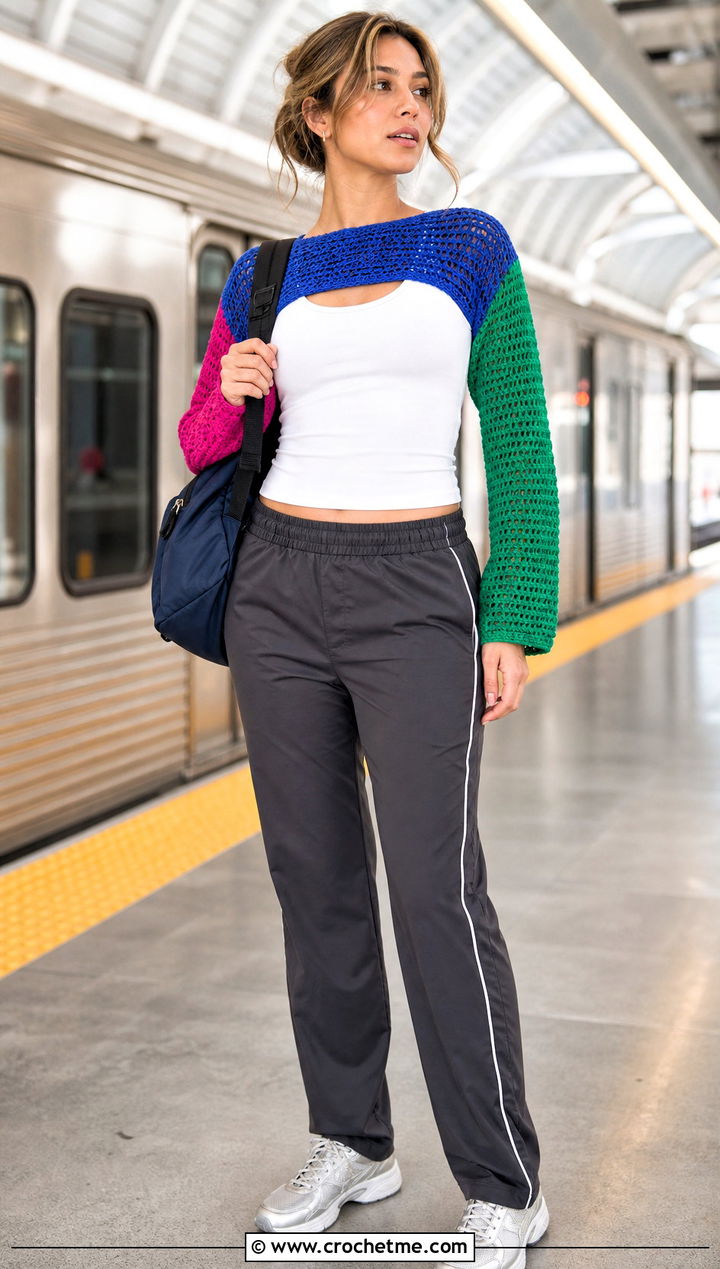 Color Block Crochet Crop Shrug With Track Pants - 25 Crochet Crop Shrug outfit ideas