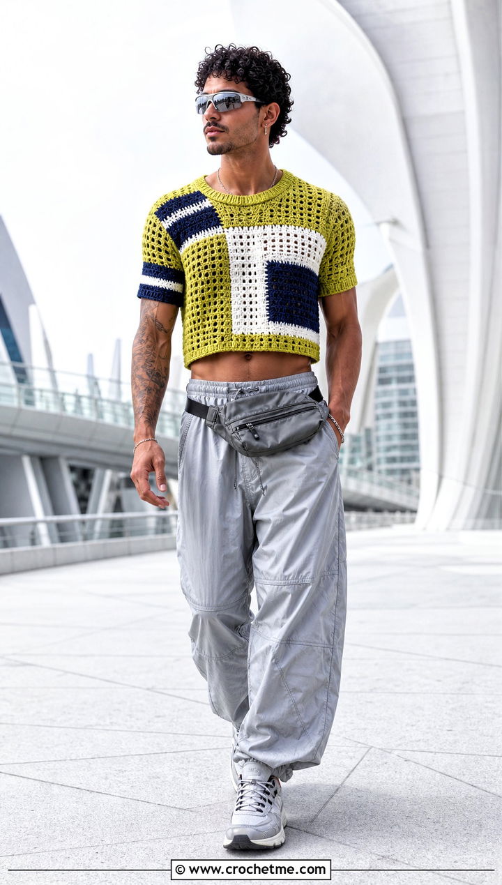 Color Block Crochet Crop Top With Parachute Pants - 25 Men Crochet Crop Top outfit ideas