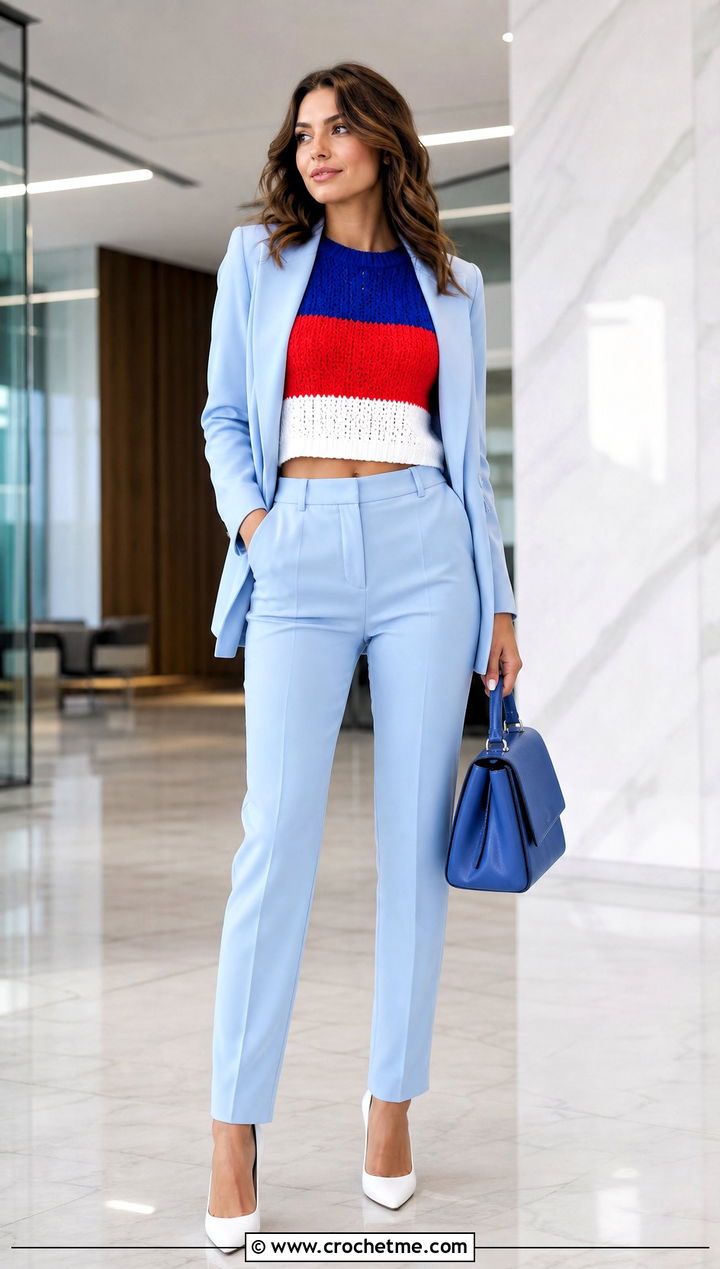 Color Block Crochet Cropped Sweater With A Matching Suit - 20 Easy Crochet Cropped Sweater outfit ideas