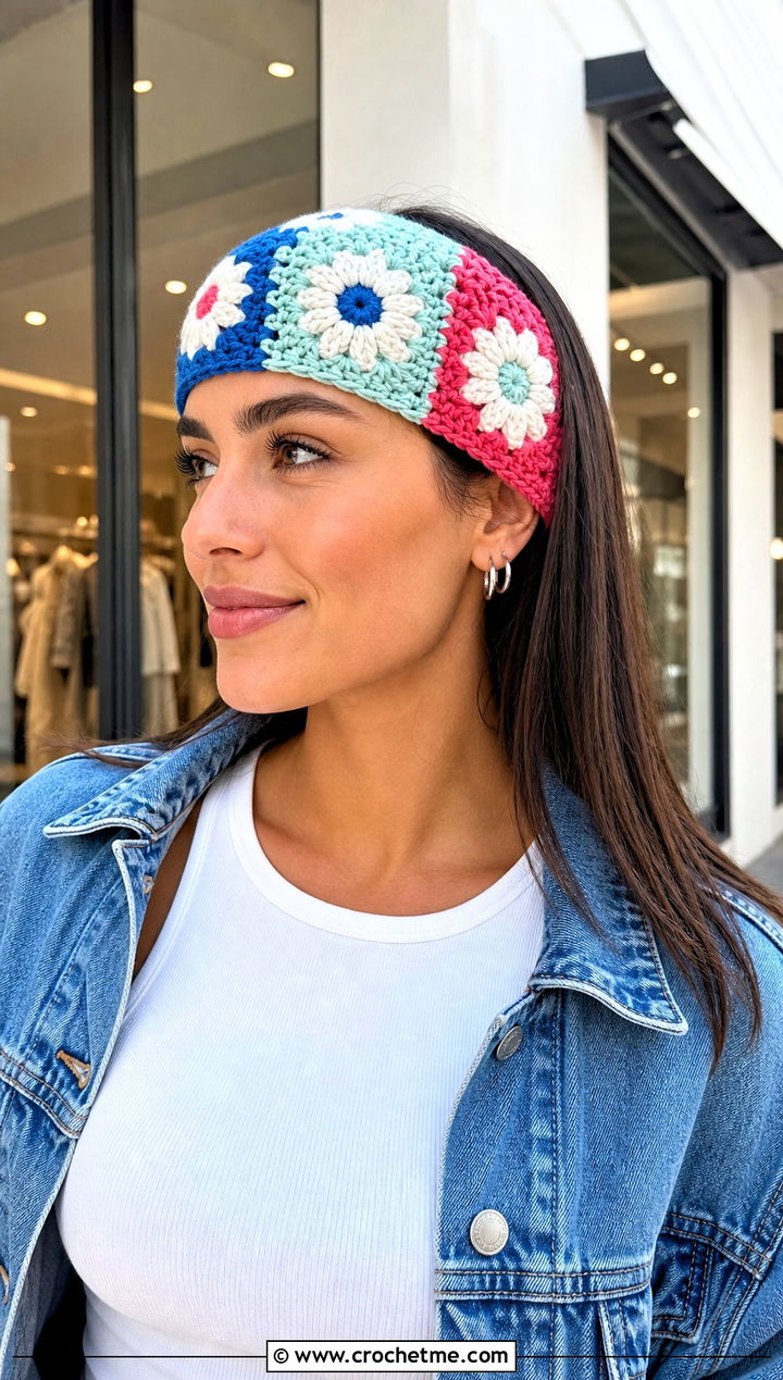 Color Block Crochet Daisy Headband With Denim Skirt - 25 Crochet Daisy Headband outfit ideas