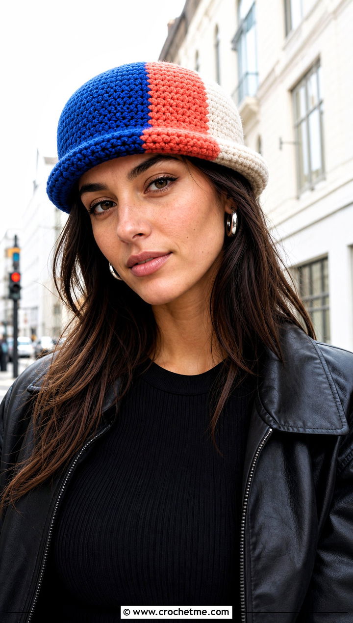 Color Block Crochet Derby Hat With Leather Jacket - 25 Crochet Derby Hat outfit ideas