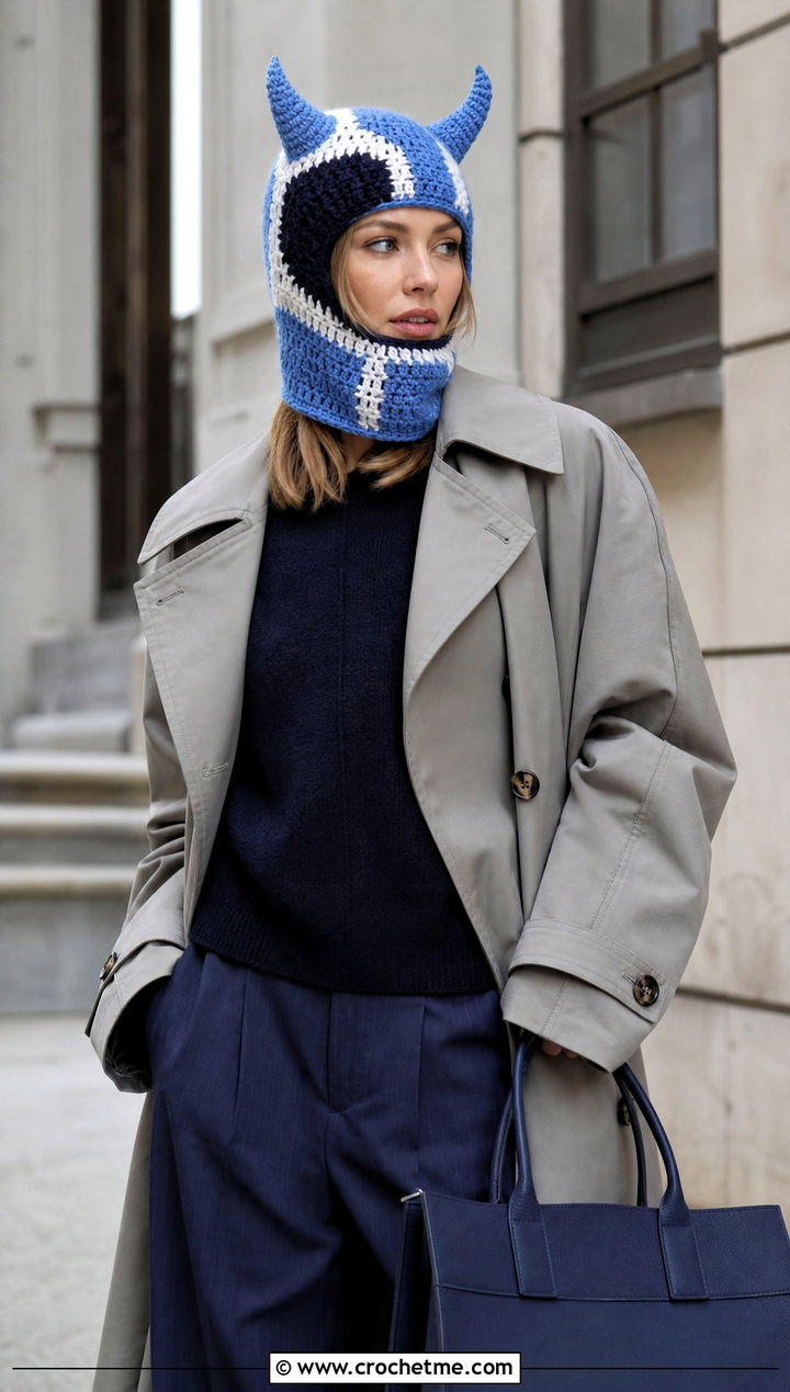 Color Block Crochet Devil Horn Balaclava With Trench Coat - 20 crochet devil horn balaclava outfit ideas