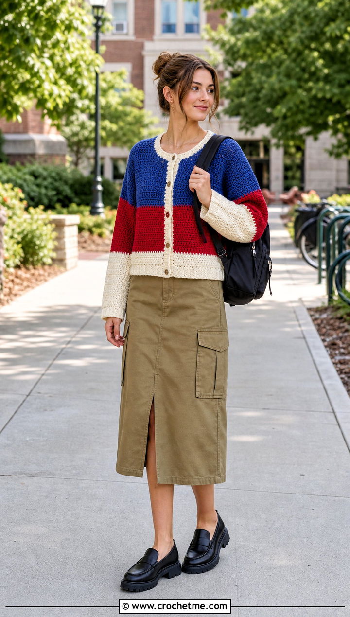 Color Block Crochet Doll Cardigan With Utility Skirt - 30 crochet doll cardigan outfit ideas