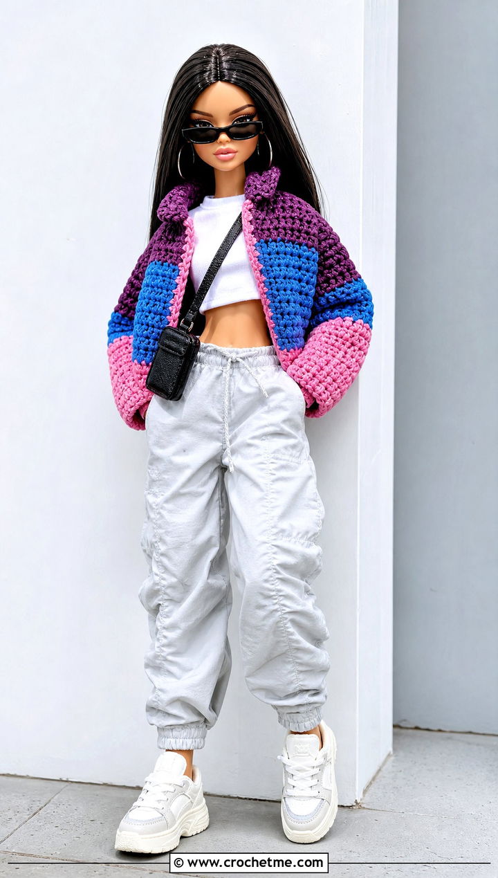 Color Block Crochet Doll Jacket With Parachute Pants - 30 crochet doll jacket outfit ideas