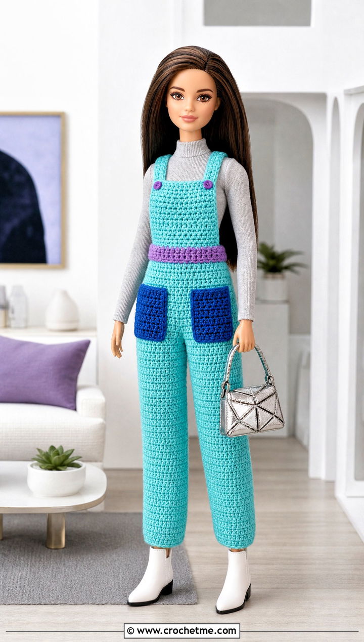 Color Block Crochet Doll Overalls With Mock Neck Top - 30 crochet doll overalls outfit ideas