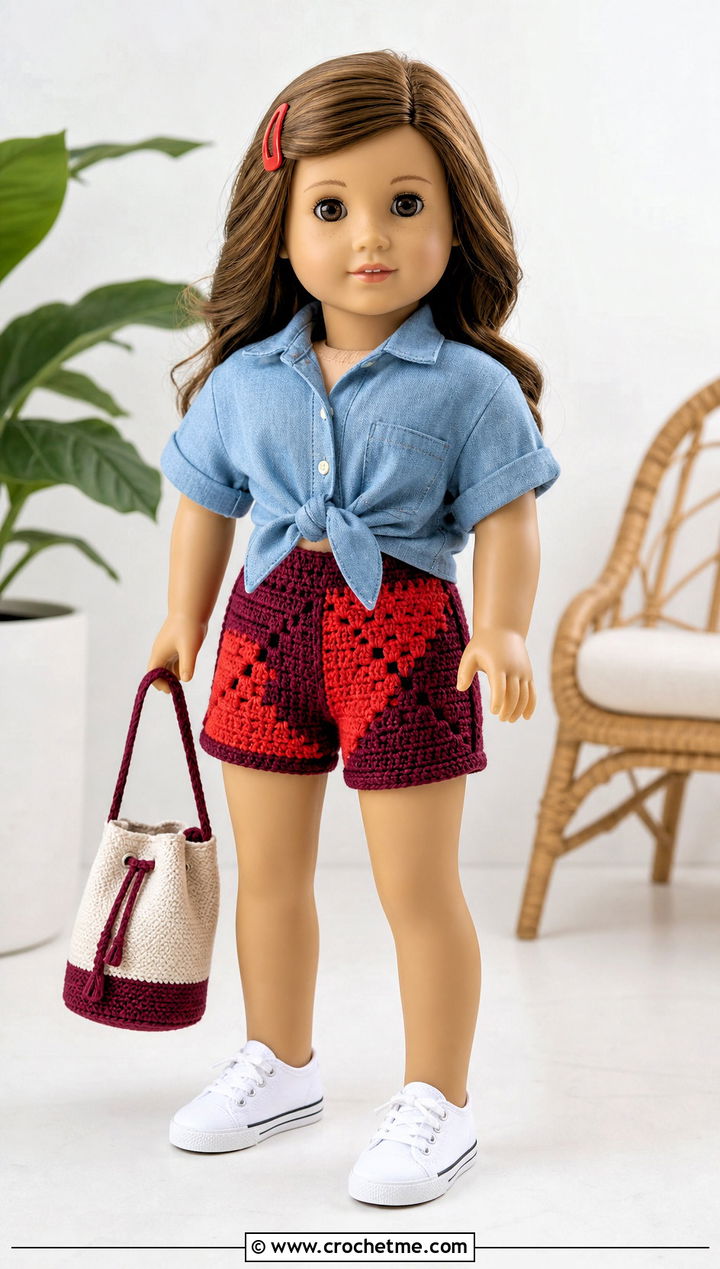 Color Block Crochet Doll Shorts With Denim Shirt - 30 crochet doll shorts outfit ideas