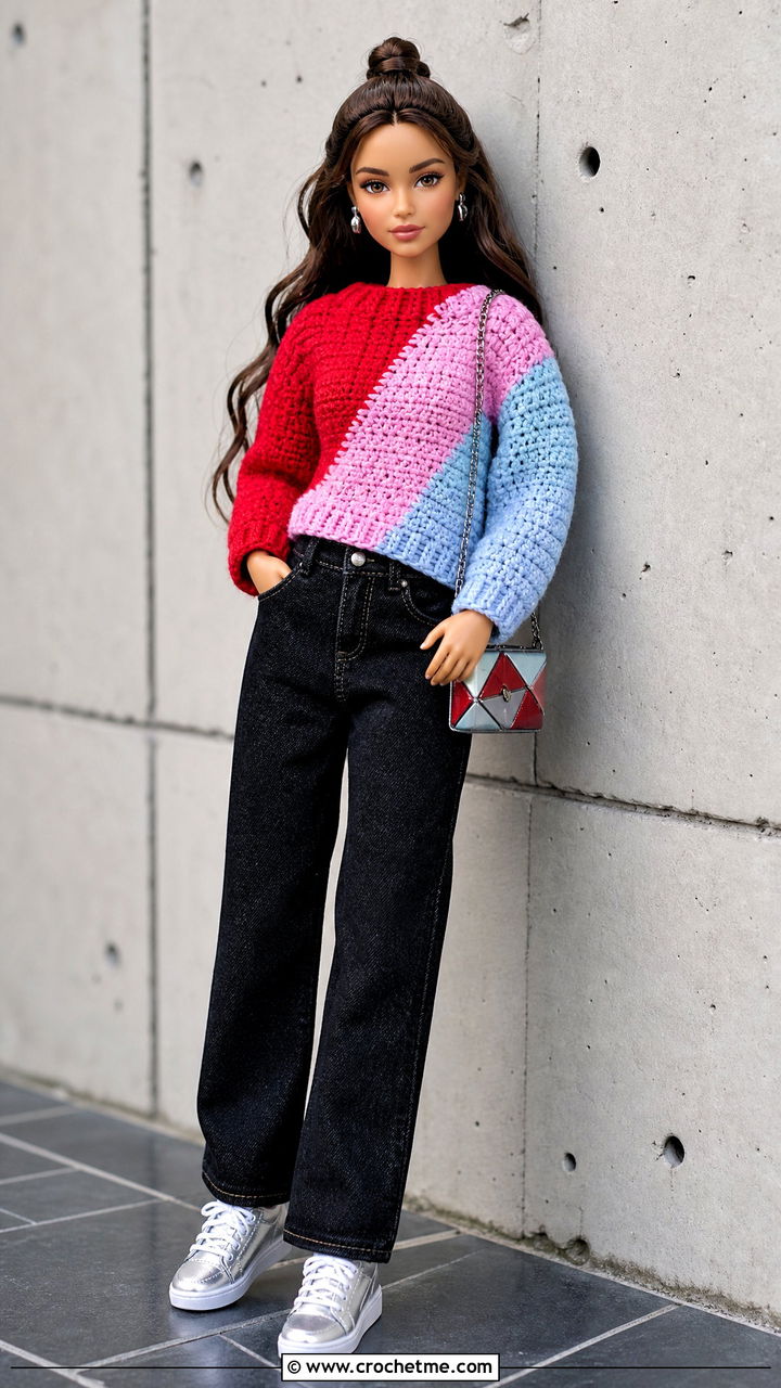Color Block Crochet Doll Sweater With Black Jeans - 35 crochet doll sweater outfit ideas