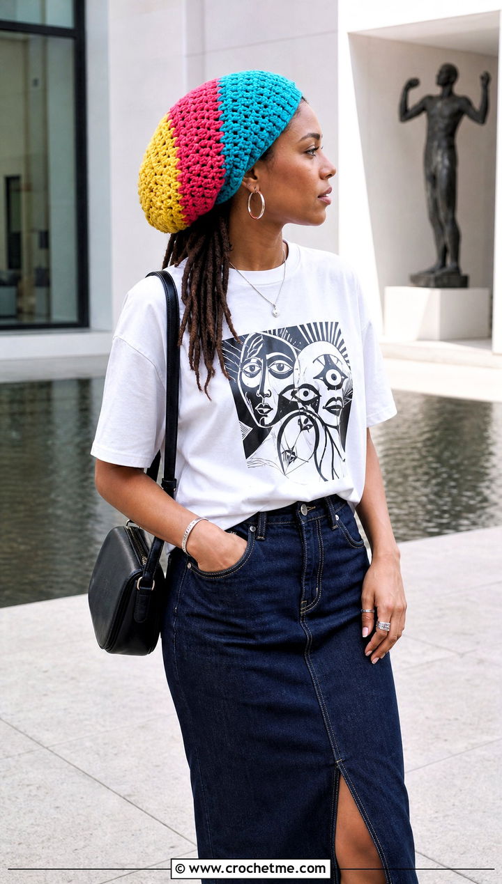 Color Block Crochet Dread Tam With Graphic Tee And Denim Midi Skirt - 20 Crochet Dread Cap outfit ideas