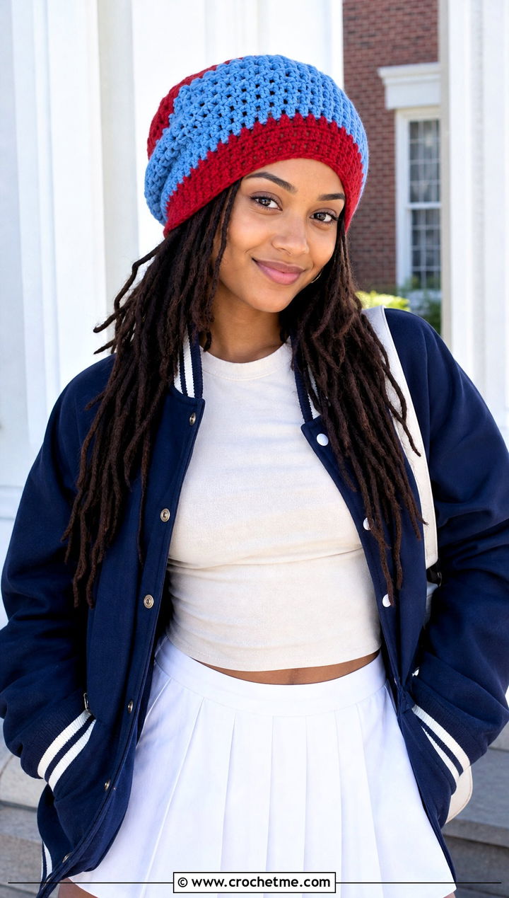 Color Block Crochet Dreadlock Beanie With Varsity Jacket And Tennis Skirt - 25 Crochet Dreadlock Hat outfit ideas