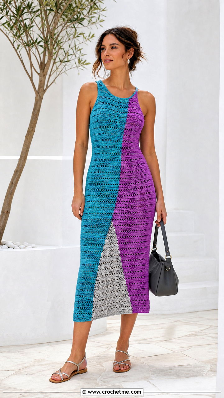 Color Block Crochet Dress With Minimal Accessories - 35 crochet dress ideas