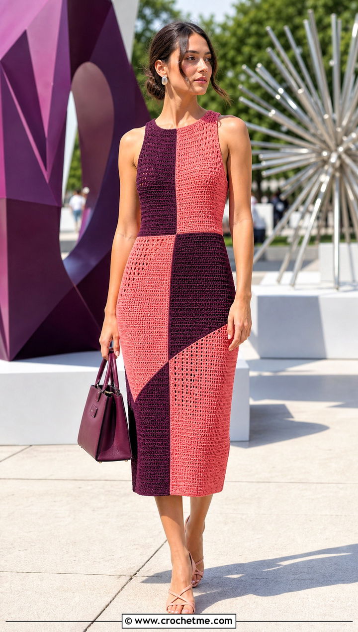 Color Block Crochet Dress With Minimal Sandals - 30 fancy crochet dress outfit ideas
