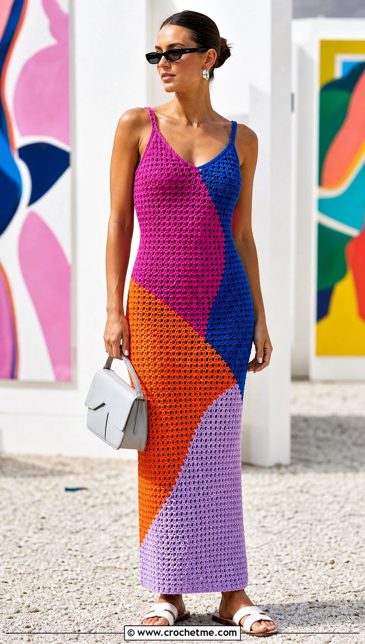 Color Block Crochet Dress With Neutral Accessories - 25 crochet summer dresses outfit ideas