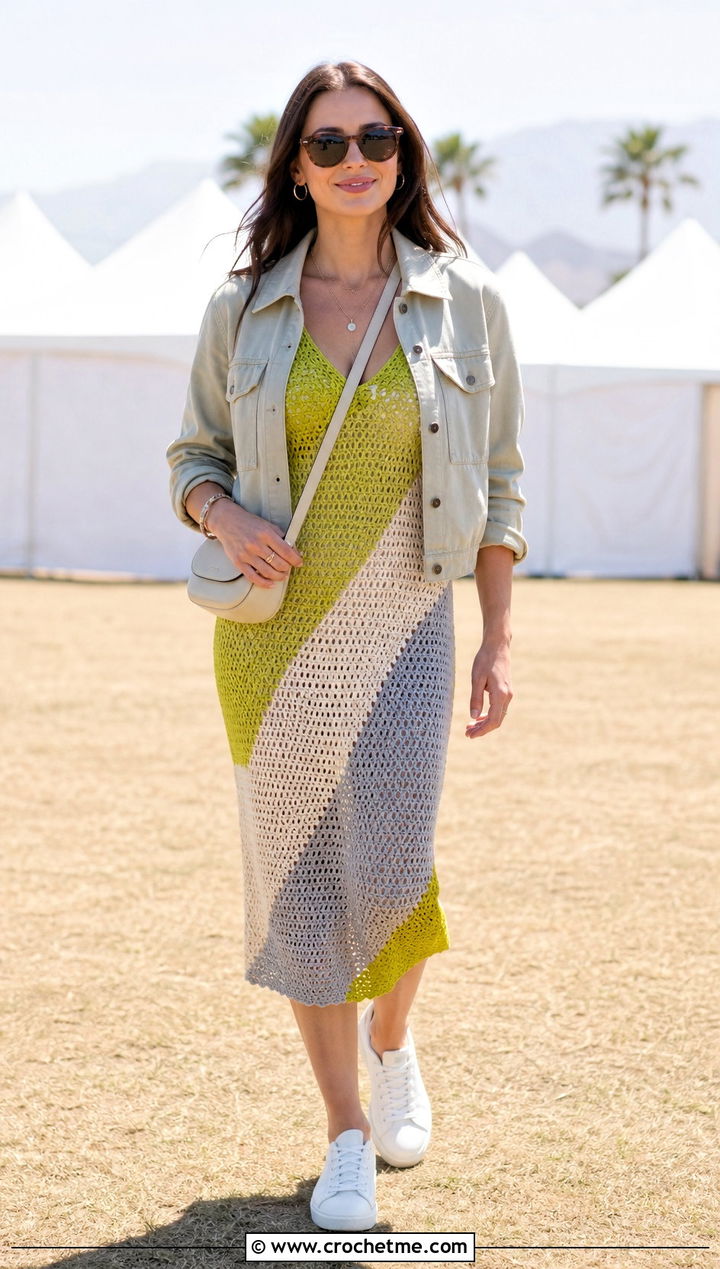 Color Block Crochet Dress With White Sneakers - 30 crochet fancy dress outfit ideas