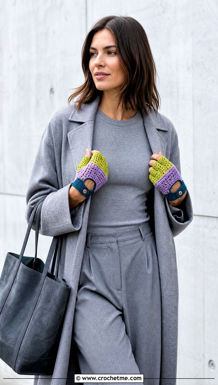 Color Block Crochet Driving Gloves With Monochrome Outfit - 25 Crochet Driving Gloves outfit ideas