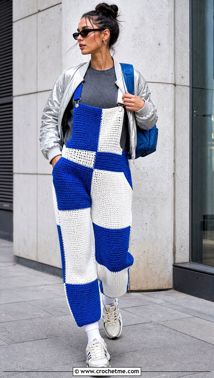 Color Block Crochet Dungarees With Bomber Jacket - 30 crochet dungarees outfit ideas