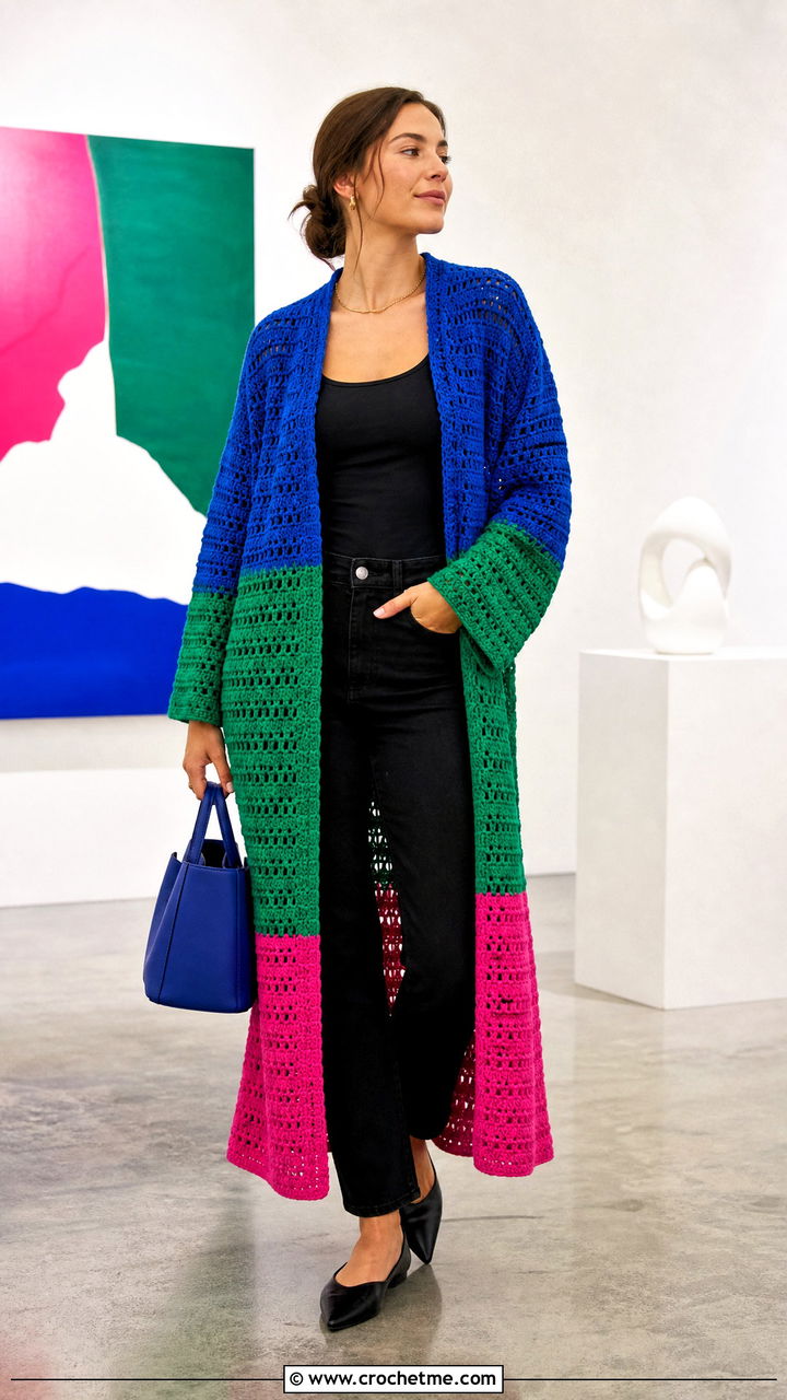 Color Block Crochet Duster Cardigan With Black Outfit - 35 crochet duster cardigan outfit ideas