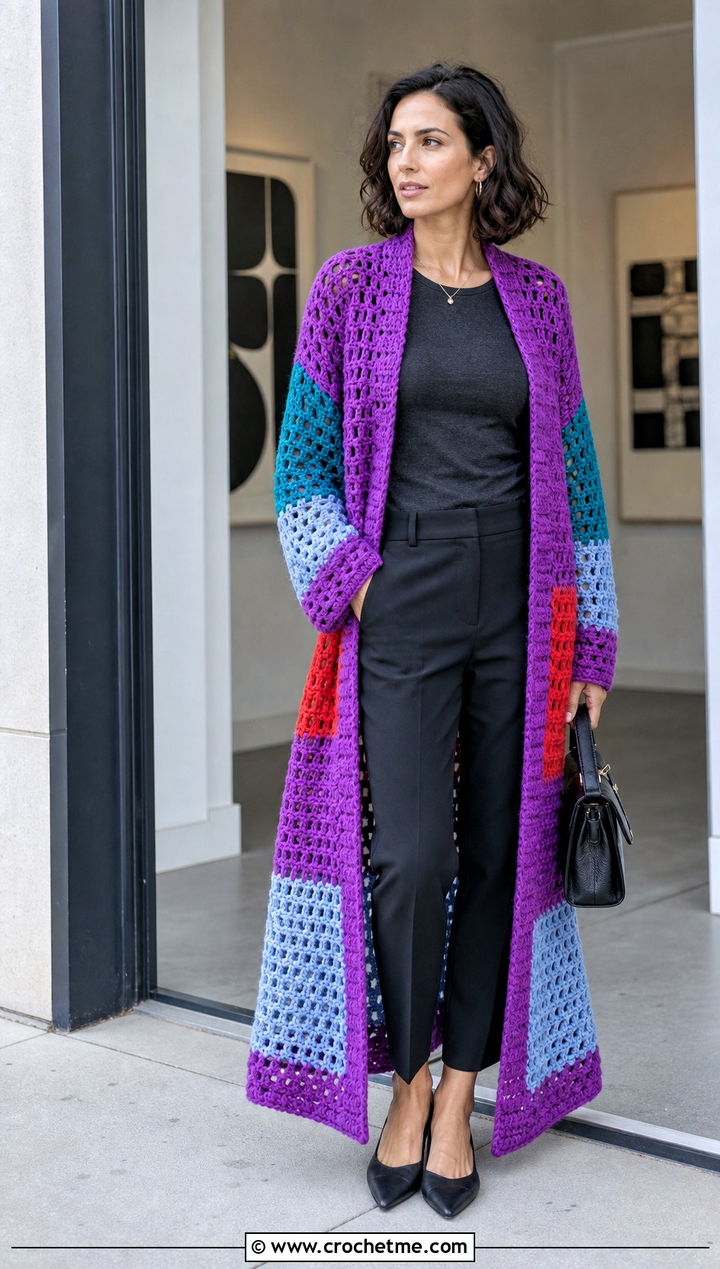 Color Block Crochet Duster With Monochrome Outfit - 25 Easy Crochet Duster outfit ideas
