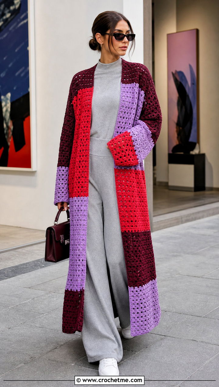 Color Block Crochet Duster With a Monochrome Outfit - 35 crochet long jacket outfit ideas