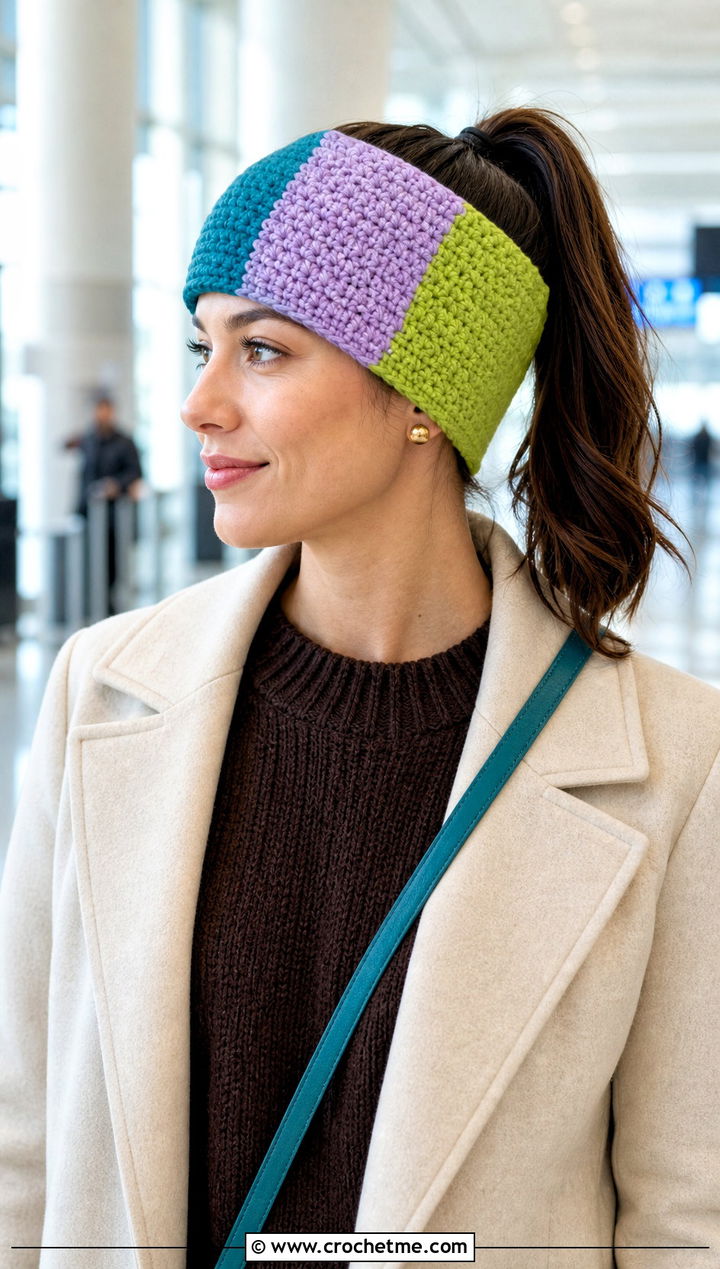 Color Block Crochet Ear Warmer With Matching Set - 25 Beginner Crochet Ear Warmer outfit ideas