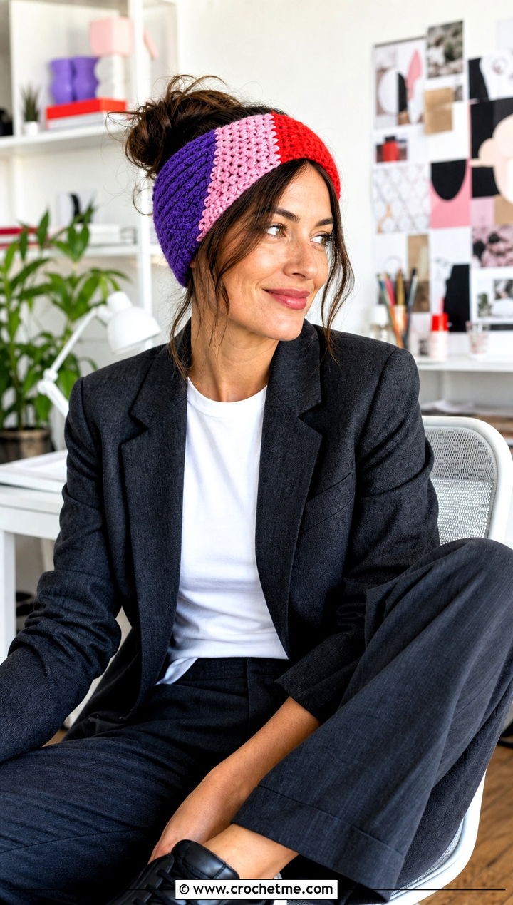 Color Block Crochet Ear Warmer With Pantsuit - 20 Crochet Headband Ear Warmers outfit ideas