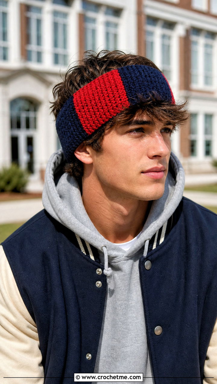 Color Block Crochet Ear Warmer With Varsity Jacket - 15 mens crochet ear warmer outfit ideas